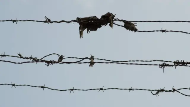 รั้วลวดหนามกับเศษผ้า