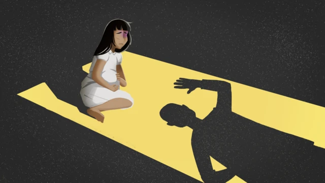 Illustration of a young pregnant girl cowering in the shadows of a man
