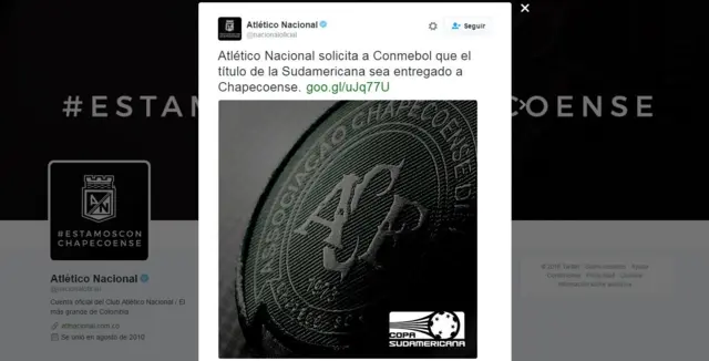Mensaje del Atlético Nacional en su cuenta de Twitter.