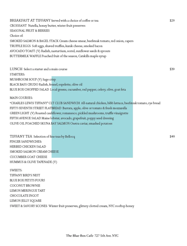 Primera página del menú de Tiffany's. (Cortesía: Tiffany)