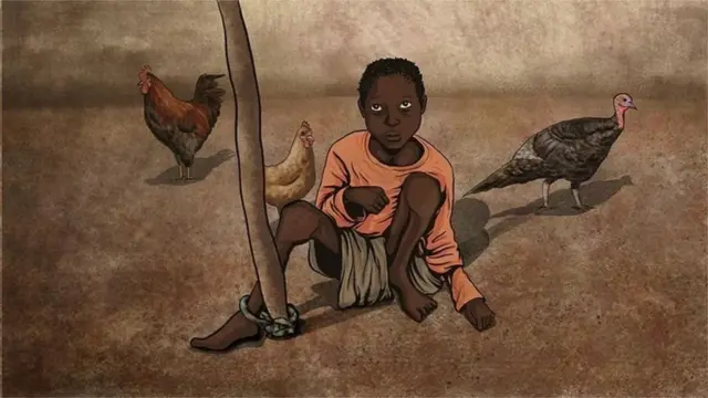 Mtoto akiwa amefungiwa kwenye banda la kuku