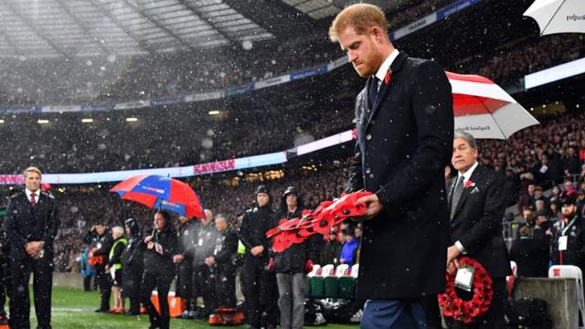 Duke of Sussex, walks to lay a wreath on the pitch ahead of the autumn international rugby union match between England and New Zealand at Twickenham stadium