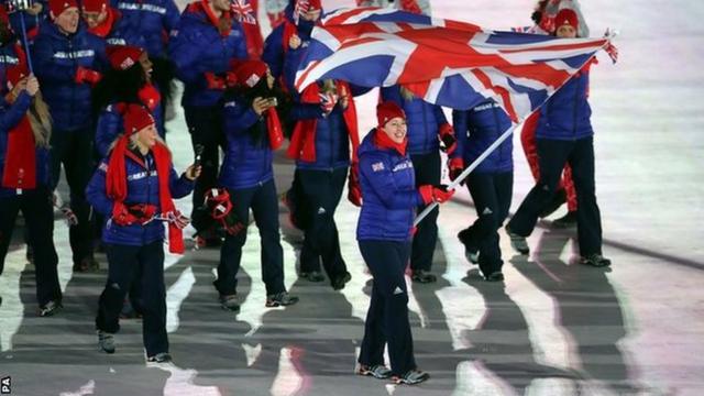 Great Britain's Lizzy Yarnold carries the Great Britain flag at the opening ceremony