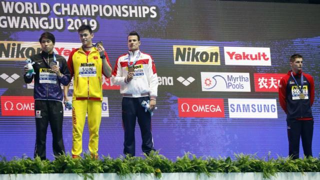 Swimming - 18th FINA World Swimming Championships - Men"s 200m Freestyle Victory Ceremony - Nambu University Municipal Aquatics Center, Gwangju, South Korea - July 23, 2019.