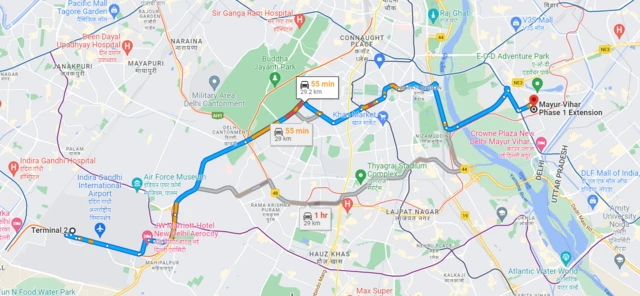 ఇందిరా గాంధీ ఇంటర్నేషనల్ ఎయిర్‌పోర్ట్ నుంచి మయూర్ విహార్ పేజ్-1 ఎక్స్‌టెన్సన్ మధ్య దూరం