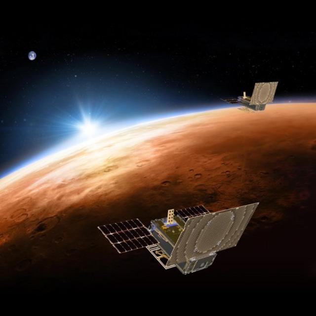 Ilustración de Mars Cube One volando sobre Marte