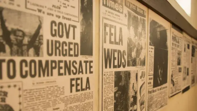 Newspapers clipping referring to the pioneer of the Afrobeat music genre, Fela Anikulapo Kuti, are on display at The Kalakuta Museum in Lagos on October 3, 2017.