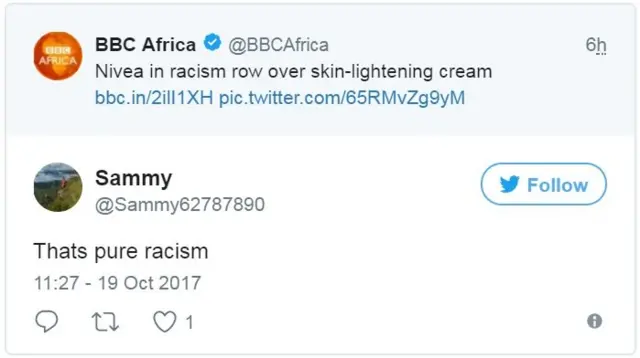 Nivea bleaching cream response for Twitter