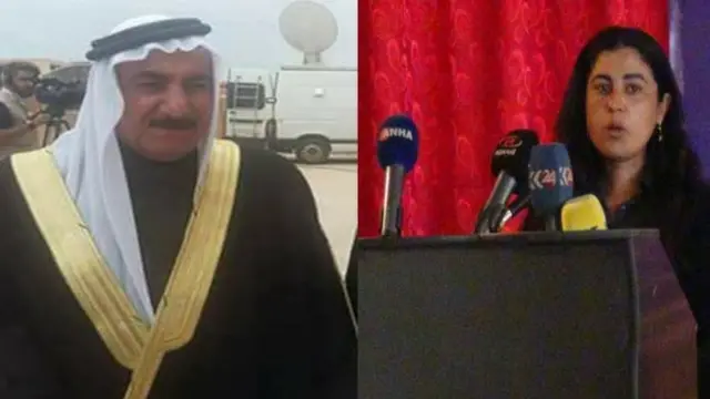 المرأة الكردية ليلى مصطفى والشيخ محمود شواخ البرسان أحد كبار عشائر الرقة.