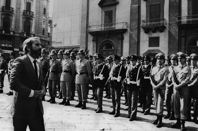 Judge Giovanni Falcone attending General Carlo Alberto Dalla Chiesa's funeral, who was killed by the mafia, Palermo, 1982