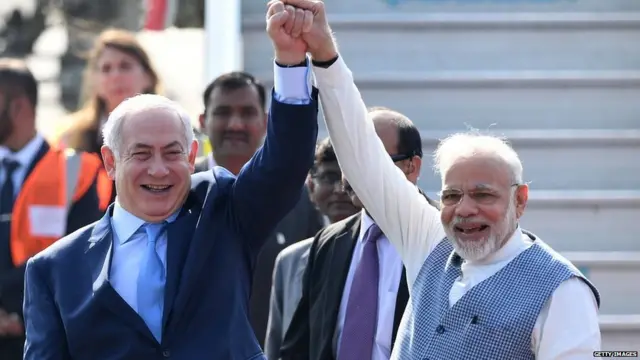 Israeli Prime Minister Benjamin Netanyahu (left) met his Indian counterpart Narendra Modi in Delhi