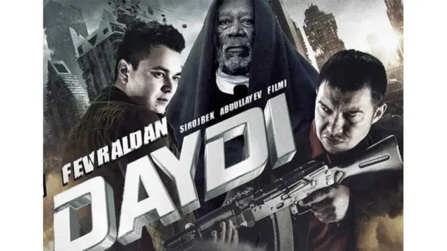 Poster de la película Daydi con Morgan Freeman en el centro y flanqueado por dos actores uzbekos.