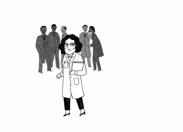 Ilustración de una científica con hombres detrás.