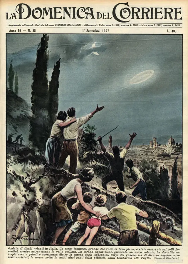 Illustration showing flying saucers over Florence