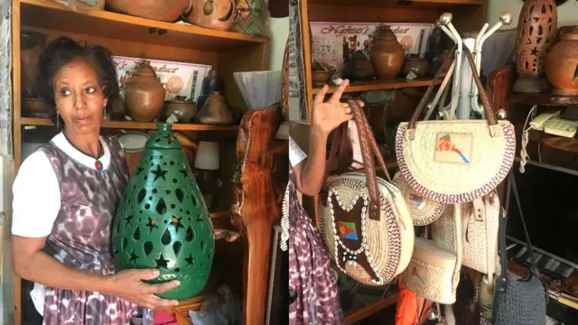 ንግስቲ ካብ ስራሕታ ሓደ ዝኾነ ካይላ መቐመጢ መብራህቲ ወይ ኣምፑል ከምኡ'ውን ካብ ላኻ እትሰርሖም ቦርሳ ደቂ ኣንስትዮን