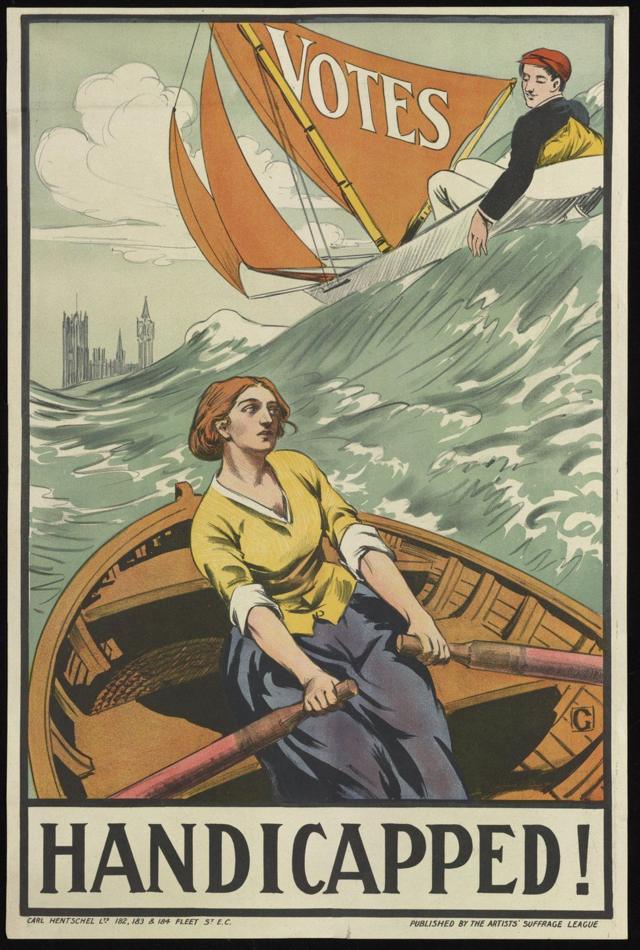 “残疾”出自英国著名文学艺术团体布卢姆伯利集团的艺术家邓肯·格兰特之手。这幅海报上的男青年乘风破浪，而小划船里的女子却只能独自搏击风浪。