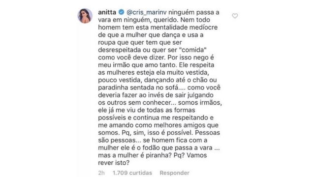 Resposta de Anitta no Instagram