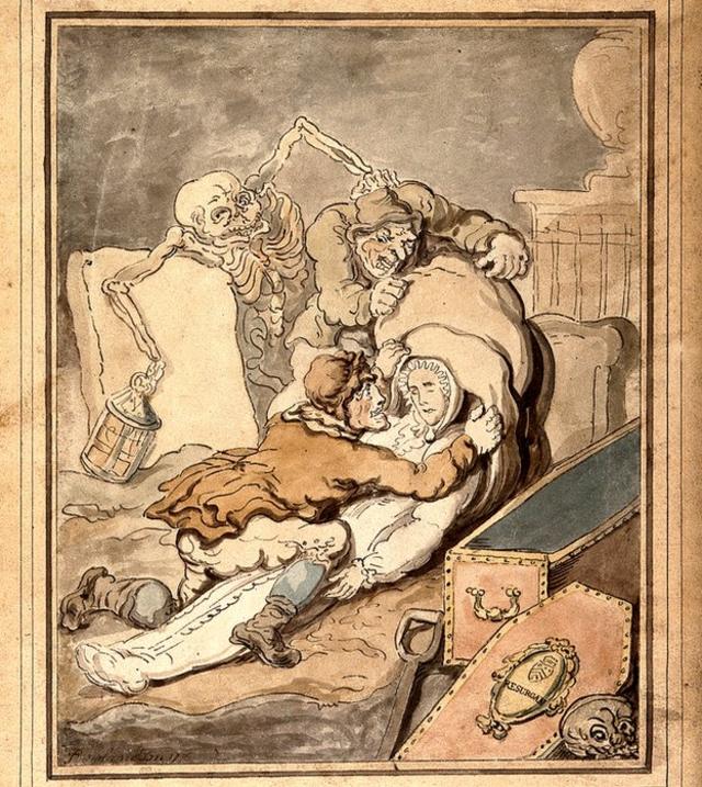 Dos hombres metiendo un cuerpo que acaban de desenterrar en una bolsa mientras que la Muerte agarra a uno de los ladrones. Dibujo de T. Rowlandson, 1775.