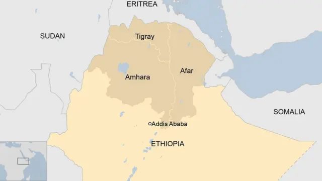 Ikarita ya Ethiopia igaragaza Tigray na leta za Afar na Amhara