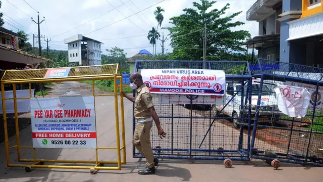 Road blockade due to Nipah affected areas at Chathamangalam panjayat on 8 September 2021 in Kozhikode, India.