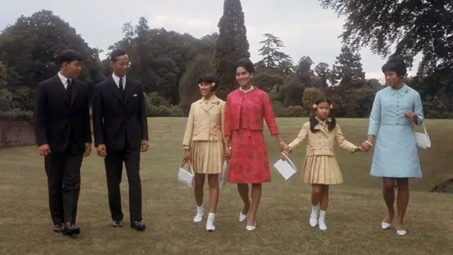 King Bhumibol and Queen Sirikit of Thailand with their children at King's Beeches, their private residence in Sunninghill, Berkshire, 27th July 1966.