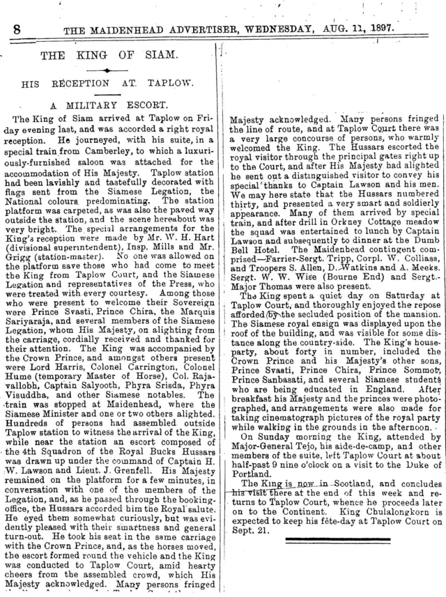 ข่าวหนังสือพิมพ์เกี่ยวกับการเสด็จมาประทับที่ทับโลว์คอร์ทของรัชกาลที่ 5