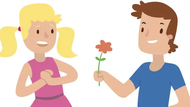 Рисунок, мальчик дает девочке цветок