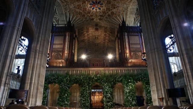 Flowers adorn the front of the organ loft inside St George's Chapel at Windsor Castle