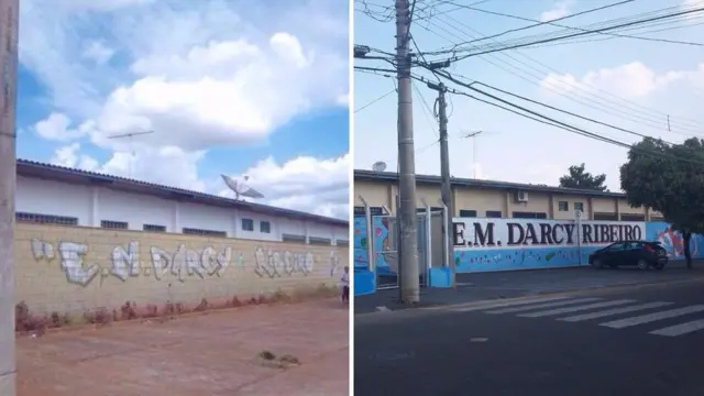 A fachada da escola, antes e depois