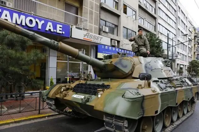 A Greek-operated Leopard 1 battle tank before a 2015 parade