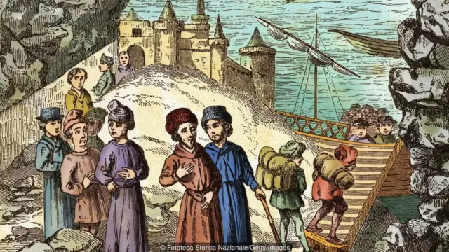 Desenho mostra imigrantes desembarcando de navio
