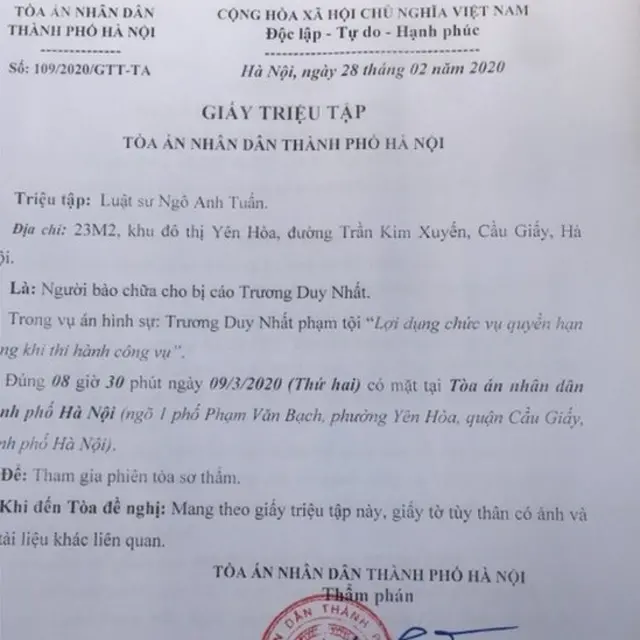 Chiều 28/2, TAND TP Hà Nội đã gửi thư mời LS Ngo Anh Tuấn bào chưa cho ông Trương Duy Nhất trong phiên xét xử hôm 9/3