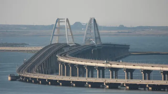 A view shows the Crimean bridge connecting the Russian mainland with the peninsula across the Kerch Strait, Crime. It is empty of vehicles.