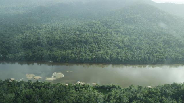 Vista aérea de balsas de garimpo no Rio Uraricoera, Terra Indígena Yanomami.