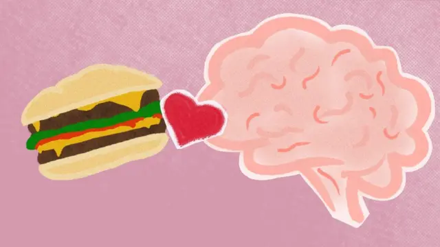 Illustration abstraite du cerveau humain et d'un hamburger avec un cœur entre les deux