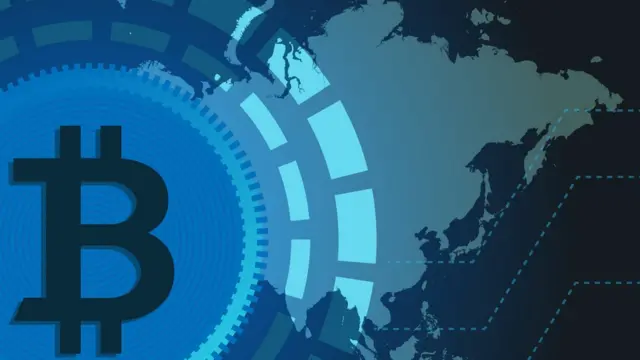 Bitcoin logo and map
