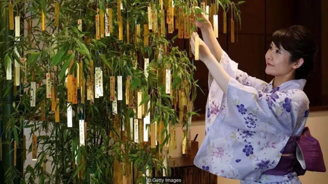 Văn hóa Nhật Bản được miêu tả rất nhiều trong emoji- ở đây, một người phụ nữ mừng kỷ niệm Tanabata, lễ hội sao hàng năm, bằng việc trang trí (có emoji riêng)