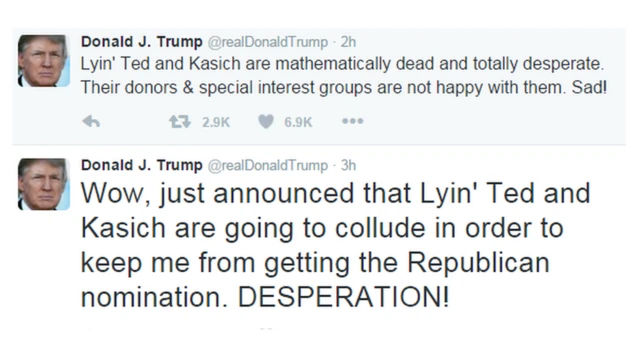 トランプ氏は、「おお、私が共和党候補に指名されないようにうそつきテッドとケーシックが共謀すると、さっき発表があった。必死だな！」とツイートした