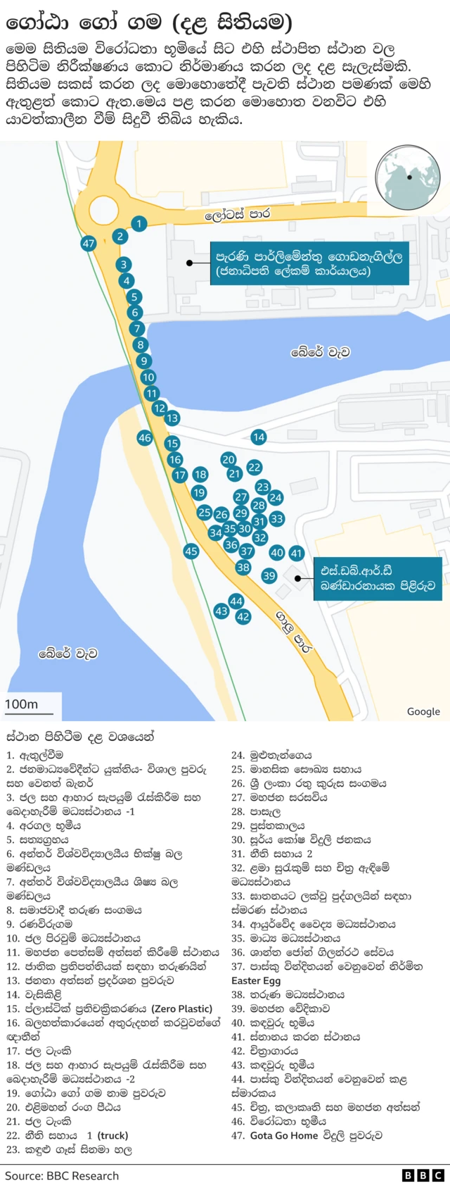 විරෝධතාකරුවන් විසින් ගාලුමුවදොර ස්ථාපිත කොට තිබු ගෝඨා ගෝ ගම ගම්මානයේ දළ සැලැස්මක්