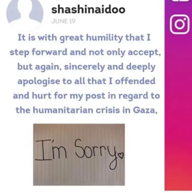 نشرت نايدو في عدة مناسبات وبطرق مختلفة اعتذارها من الشعب الفلسطيني لعدم فهمها عمق الأزمة الإنسانية في غزة