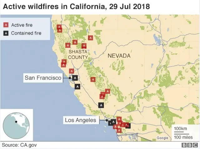 A map showing the location of California wildfires on 29 July 2018