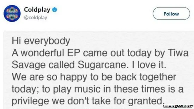 Chris Martin dey praise Tiwa Savage for social media