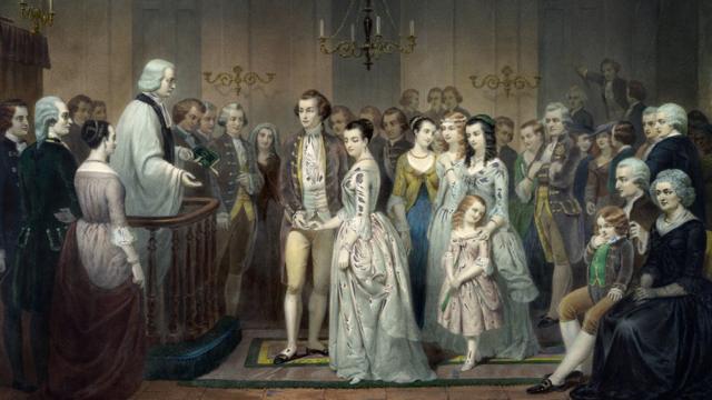 Pintura del casamiento entre George Washington y Martha Curtis.