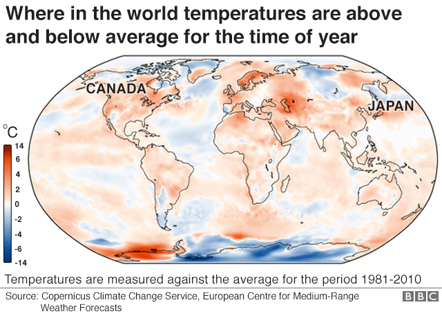 今の季節、世界で平年の気温より現在の気温が高い場所と低い場所をまとめた地図。赤い色が濃いほど平均気温より現在の気温が高く、青い色が濃いほど低い。平年の平均気温は1981年から2010年までの統計から算出