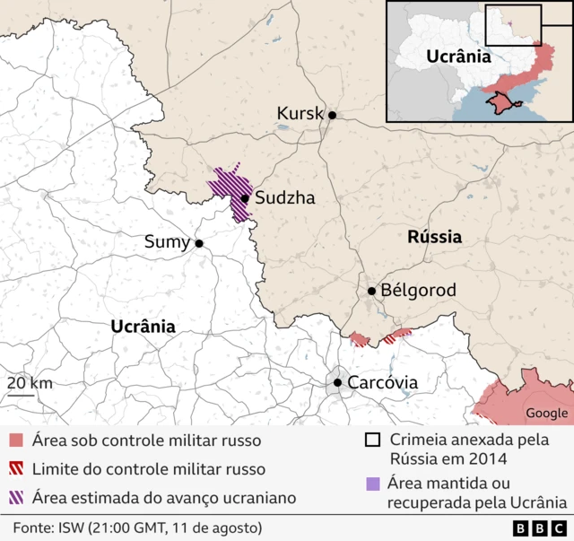 Mapa da Ucrânia com destaque para a região de fronteira onde houve a incursão em território russo