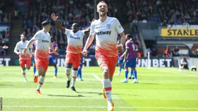 West Ham players celebrate scoring against Crystal Palace