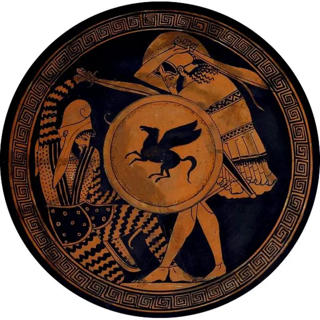 Escena de duelo entre persa y ateniense pintada en cerámica