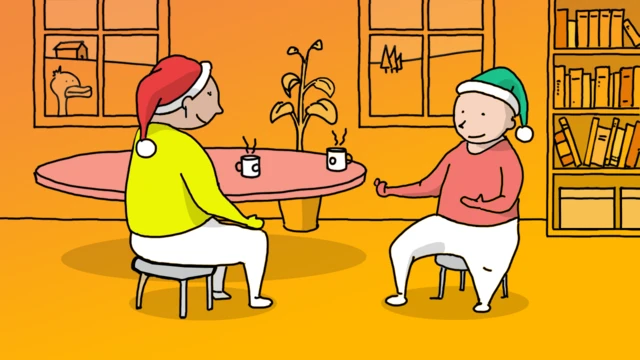 Рисунок: два человека за чашкой кофе.