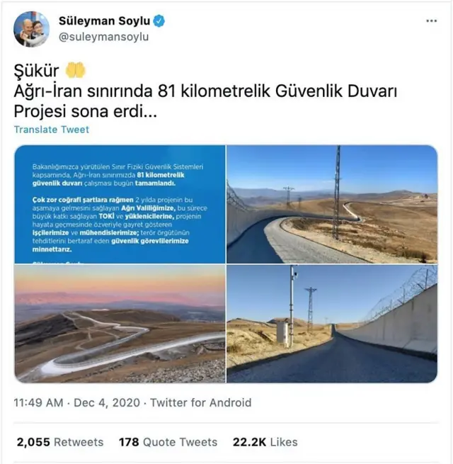 سلیمان سویلو، وزیر کشور ترکیه از تکمیل بخشی از دیوار مرزی با ایران ابراز رضایت کرده است