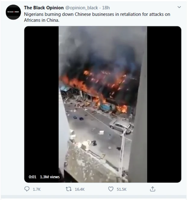 Screenshot of video falsely claimed to showing an attack on Chinese businesses in Nigeria